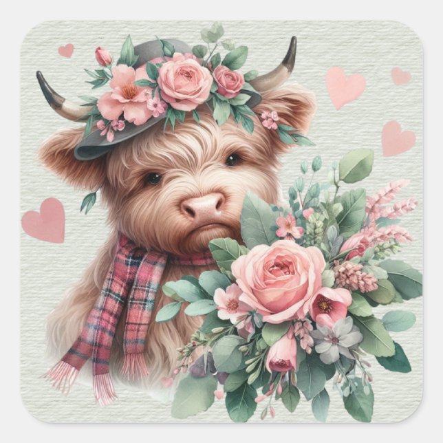 Höllenkuh mit Rose Headress Bouquet Valentine Quadratischer Aufkleber (Vorderseite)