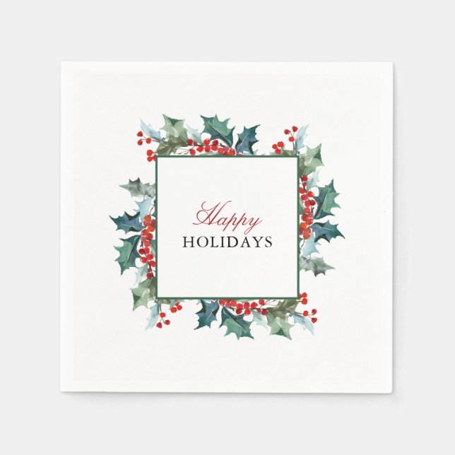 Holly and Berries Happy Holidays Serviette (Vorderseite)