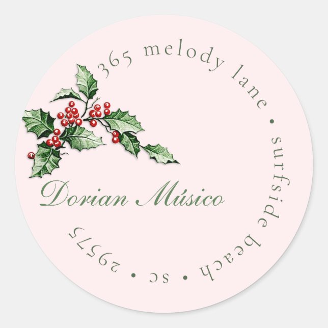 Holly and Berries Holiday Green Red Address Label Runder Aufkleber (Vorderseite)