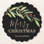 Holly and Berries on Black Merry Christmas Scallop Untersetzer<br><div class="desc">Elegante Heilige und Beeren mit Frohen Weihnachten oder Ihre eigenen Informationen in schicken Schriften in jeder Farbe (wir haben Gold verwendet) und auf jedem farbigen Hintergrund (wir haben schwarz verwendet). Alle Text-, Schriftart- und Schriftart-Farben können geändert werden, klicken Sie einfach auf den Link "Weitere" und verwenden Sie unser Design-Tool, um...</div>