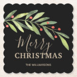 Holly and Berries on Black Merry Christmas Scallop Untersetzer<br><div class="desc">Elegante Heilige und Beeren mit Frohen Weihnachten oder Ihre eigenen Informationen in schicken Schriften in jeder Farbe (wir haben Gold verwendet) und auf jedem farbigen Hintergrund (wir haben schwarz verwendet). Alle Text-, Schriftart- und Schriftart-Farben können geändert werden, klicken Sie einfach auf den Link "Weitere" und verwenden Sie unser Design-Tool, um...</div>