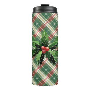 Holly and Berries on White N Green Christmas Karie Thermosbecher