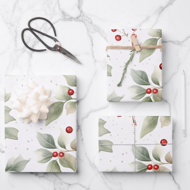 Holly and Berries Watercolor Geschenkpapier Set (Vorderseite)