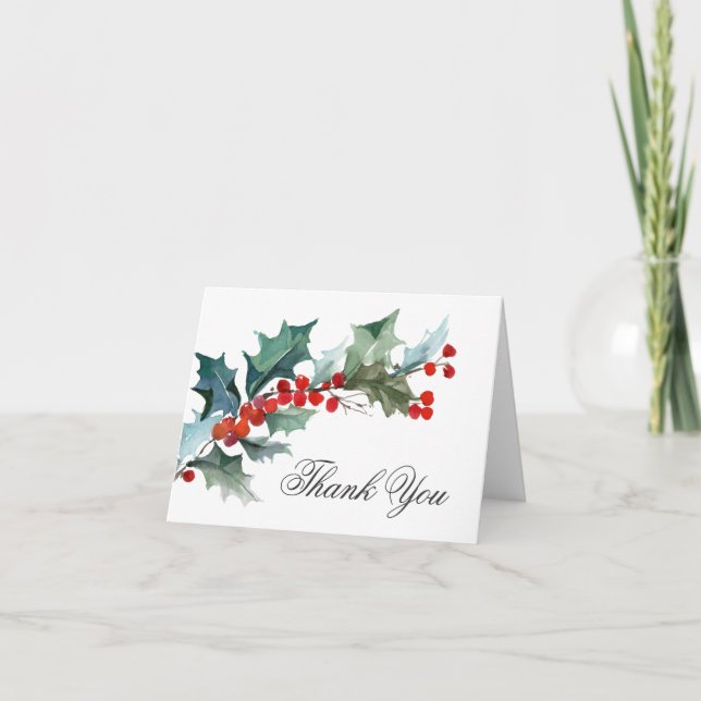 Holly and Berries Watercolor Vielen Dank Dankeskarte (Vorderseite)