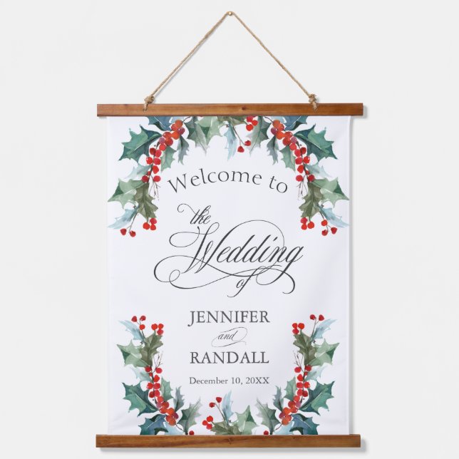 Holly and Berries Wedding Willkommen Wandteppich Mit Holzrahmen (Vorderseite)