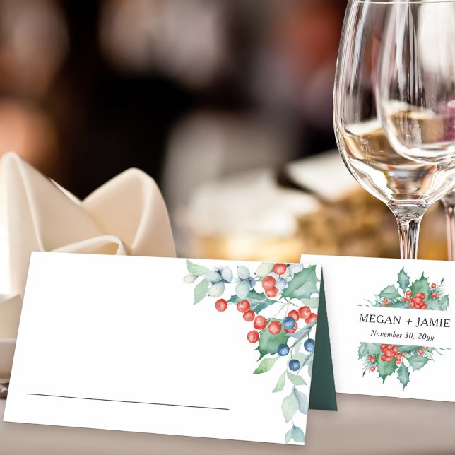 Holly and Berries Winter Wedding Platzkarte (Table place cards for winter wedding, christmas rehearsal dinner, festive wedding reception ..)