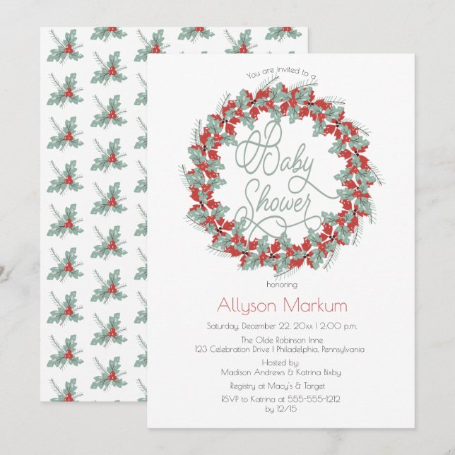 Holly and Berries Wreath Holiday Baby Shower Einladung (Vorne/Hinten)