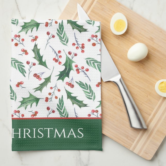 Holly and Berry Christmas Pattern Geschirrtuch (Viertel Falte)