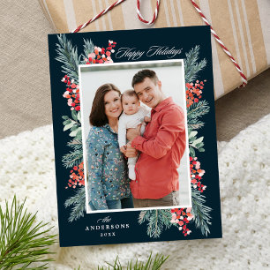 Holly and Evergreen Navy Happy Holidays Foto Feiertagspostkarte