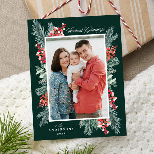 Holly and Evergreen Season's Greetings Foto Feiertagspostkarte