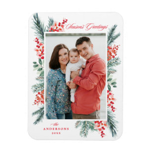 Holly and Evergreen Season's Greetings Foto Magnet