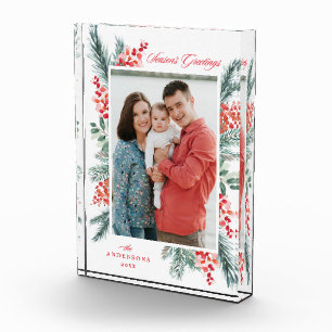 Holly and Evergreen Season's Greetings Holiday Fotoblock