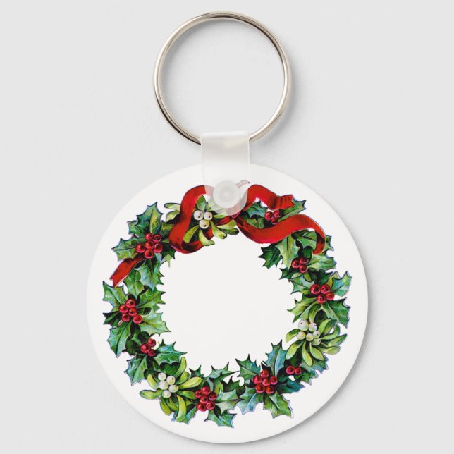 Holly and Mistletoe Christmas Wreath w/red Ribbon Schlüsselanhänger (Vorderseite)