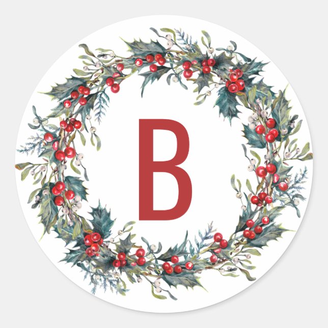Holly and Mistletoe Wreath Monogram Stickers (Vorderseite)