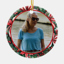 Holly and Peppermint Wreath ANY Photo Keramik Ornament
