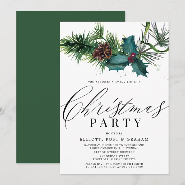 Holly and Pine Corporate Christmas Party Einladung (Vorne/Hinten)