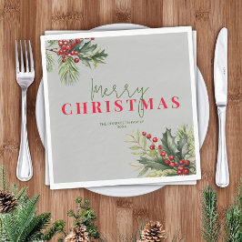 Holly and Pine on Gray Christmas Party Serviette