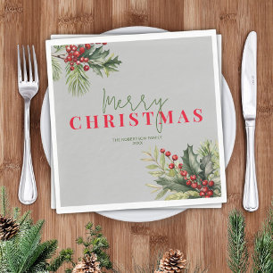 Holly and Pine on Gray Christmas Party Serviette