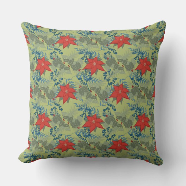 Holly and Poinsettias Throw Kissen (Vorderseite)