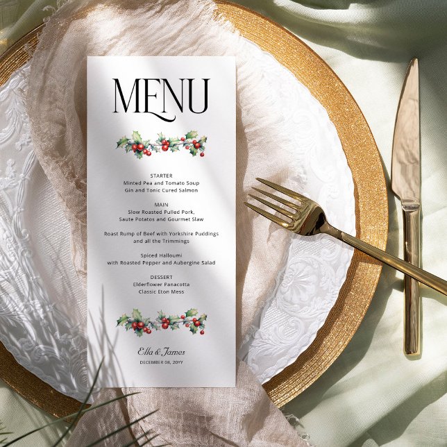 Holly and Red Berries Winter Wedding Menükarte (Wedding Menu from the Holly Bells Wedding Collection by Darling and May)