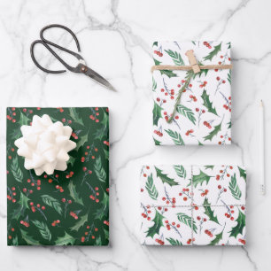 Holly and Red Berry Holiday Pattern Geschenkpapier Set