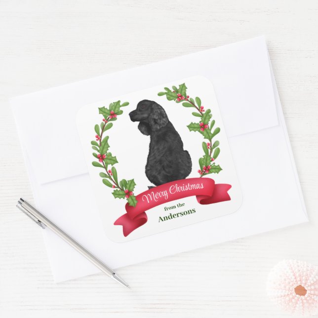 Holly Banner Black Cocker Spaniel Weihnachten Quadratischer Aufkleber (Umschlag)