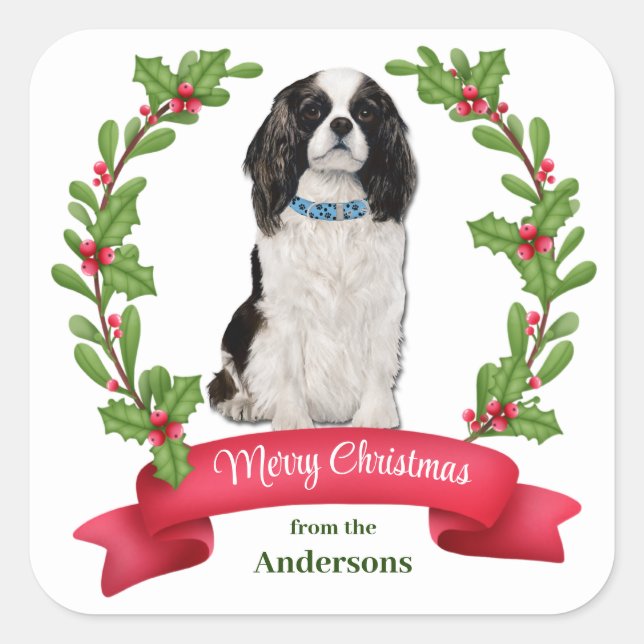 Holly Banner Cavalier King Charles Spaniel Holiday Quadratischer Aufkleber (Vorderseite)
