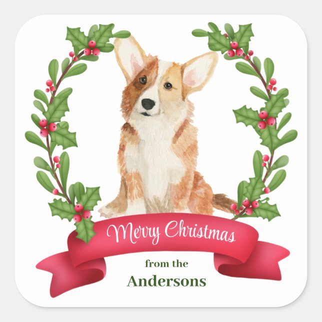 Holly Banner Corgi Dog Weihnachten Quadratischer Aufkleber (Vorderseite)