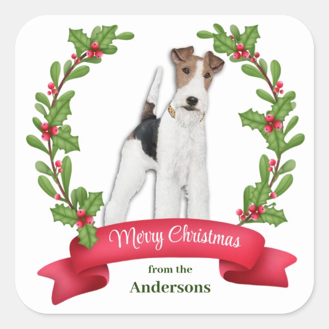 Holly Banner Fox Terrier Dog Weihnachten Quadratischer Aufkleber (Vorderseite)