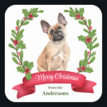 Holly Banner French Bulldog Christmas Quadratischer Aufkleber<br><div class="desc">Auf diesen Holiday Korrespondenzaufklebern ist ein Aquarellporträt eines französischen Bulldog von einem roten Beerenholzkranz umgeben. Am unteren Rand ist ein rotes Banner mit Ihrem individuellen Weihnachtsgrüßen,  und Ihre Unterschrift ist grün darunter.</div>