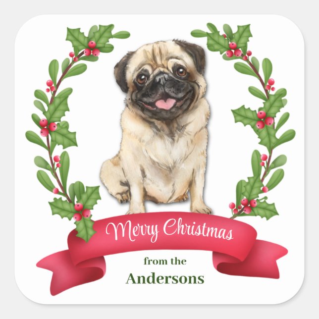 Holly Banner Mops Dog Weihnachten Quadratischer Aufkleber (Vorderseite)