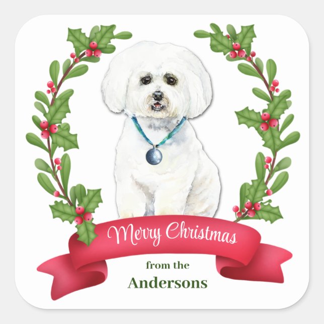 Holly Banner White Maltese Weihnachten Quadratischer Aufkleber (Vorderseite)