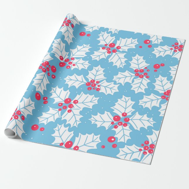Holly Beere auf blau Geschenkpapier (Ungerollt)