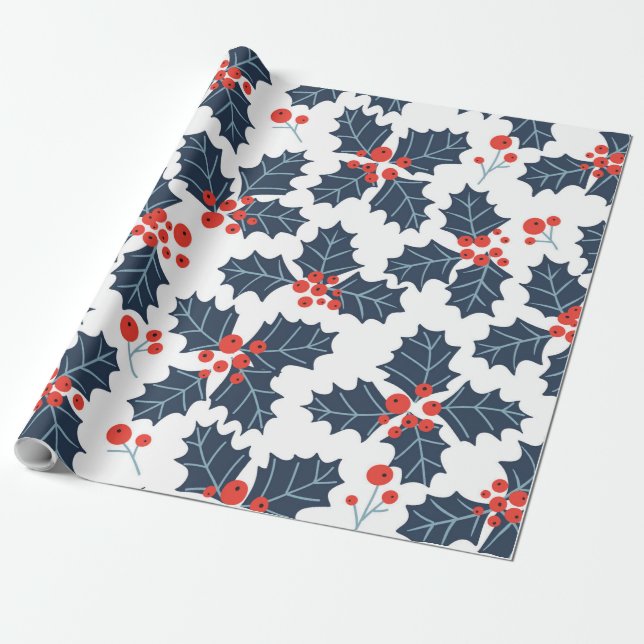 Holly Beere auf Weiß Geschenkpapier (Ungerollt)
