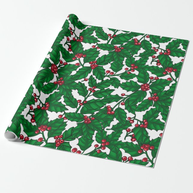 Holly Beere auf Weiß Geschenkpapier (Ungerollt)