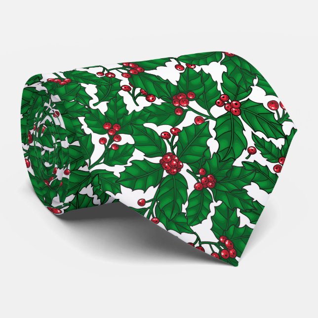 Holly Beere auf Weiß Krawatte (Gerollt)