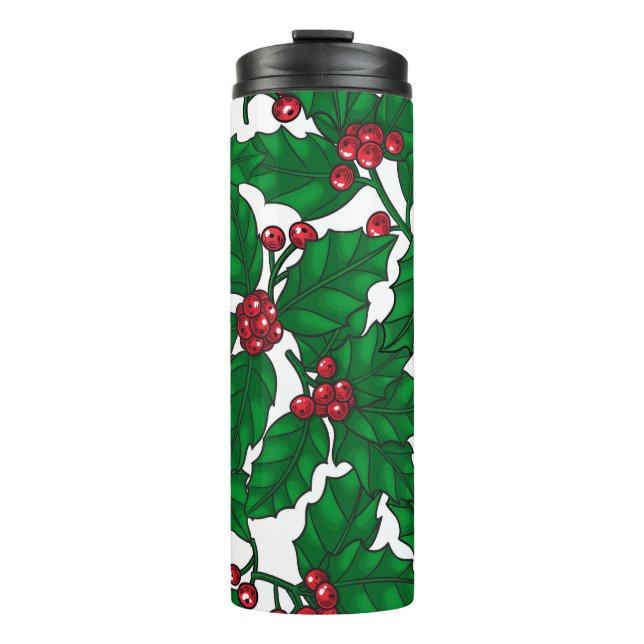 Holly Beere auf Weiß Thermosbecher (Vorderseite)