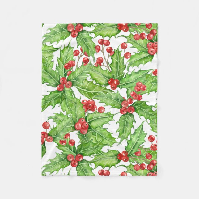 Holly Beere, Wasserfarbe Weihnachtsmuster Fleecedecke (Vorderseite)