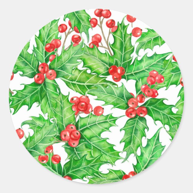 Holly Beere, Wasserfarbe Weihnachtsmuster Runder Aufkleber (Vorderseite)