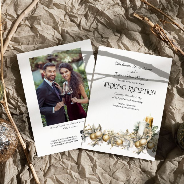 Holly Bells Golden Berry Winter Wedding Empfang Einladung (Wedding Reception Only Invitation from the Holly Bells Wedding Collection by Darling & May)
