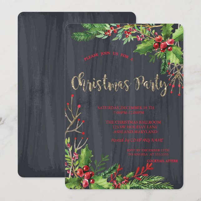 Holly Berries, Black Company Christmas Party Einladung (Vorne/Hinten)