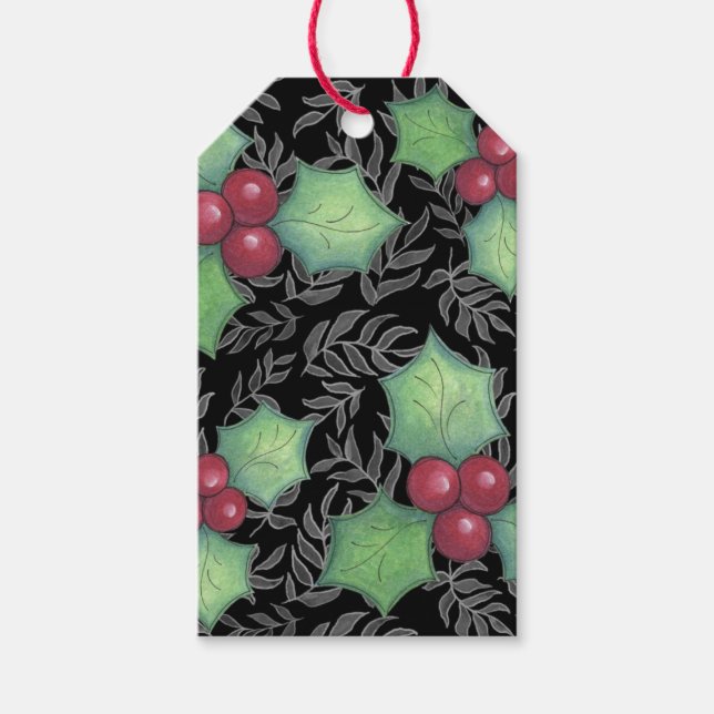 Holly Berries & Blätter auf Schwarzweißdruck Geschenkanhänger (Vorderseite)