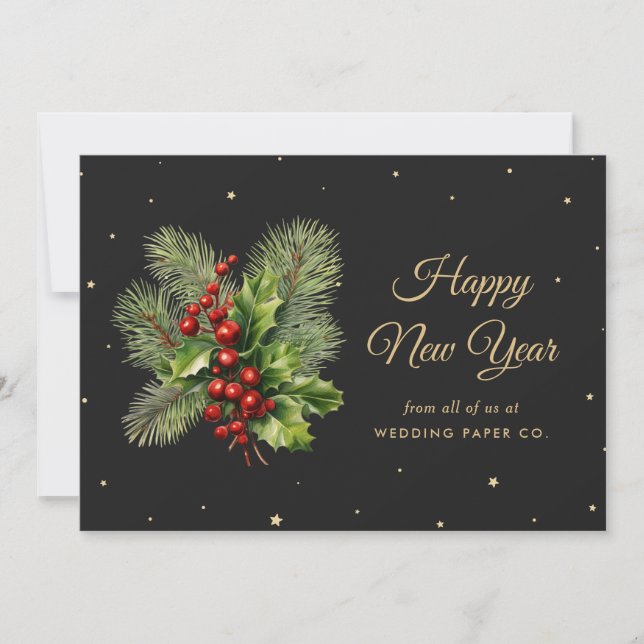 Holly Berries Botanical Black Bonne Carte de Nouve (Devant)