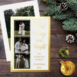 Holly | Berries Christmas 4 Foto Merry and Bright Folien Feiertagskarte<br><div class="desc">Dieses 4-Foto-Design ist komplett in Goldfolie (oder wählen Sie Silber oder Rose Gold) und Akzente mit Goldfolie heilig und Beeren gestaltet, um mit dem "Merry and Bright" essbaren Gruß zu paaren. Drei kleine quadratische Fotos vorne links oben bis unten mit einem größeren Single Foto auf der Rückseite. Die vorderen Fotos...</div>