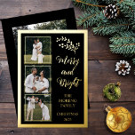Holly | Berries Christmas 4 Foto Merry and Bright Folien Feiertagskarte<br><div class="desc">Dieses 4-Foto-Design ist komplett in Goldfolie (oder wählen Sie Silber oder Rose Gold) und Akzente mit Goldfolie heilig und Beeren gestaltet, um mit dem "Merry and Bright" essbaren Gruß zu paaren. Drei kleine quadratische Fotos vorne links oben bis unten mit einem größeren Single Foto auf der Rückseite. Die vorderen Fotos...</div>