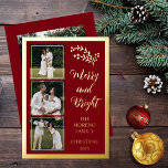 Holly | Berries Christmas 4 Foto Merry and Bright Folien Feiertagskarte<br><div class="desc">Dieses 4-Foto-Design ist komplett in Goldfolie (oder wählen Sie Silber oder Rose Gold) und Akzente mit Goldfolie heilig und Beeren gestaltet, um mit dem "Merry and Bright" essbaren Gruß zu paaren. Drei kleine quadratische Fotos vorne links oben bis unten mit einem größeren Single Foto auf der Rückseite. Die vorderen Fotos...</div>