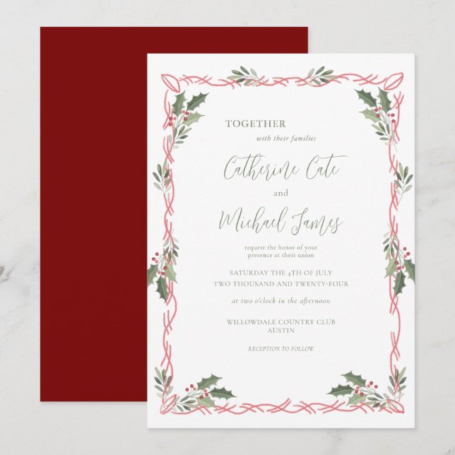 Holly Berries Christmas Theme Wedding Einladung (Vorne/Hinten)