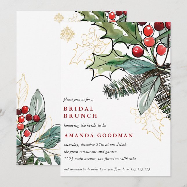 Holly Berries Christmas Wedding Bridal Brunch Einladung (Vorne/Hinten)