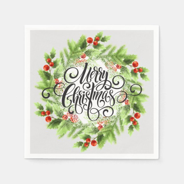 Holly Berries Frohe Weihnachten Serviette (Vorderseite)