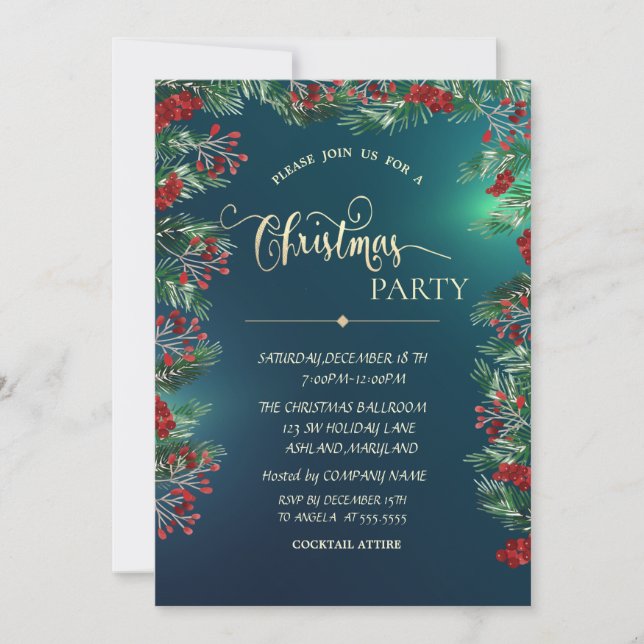 Holly Berries Gold Green Company Christmas Party Einladung (Vorderseite)